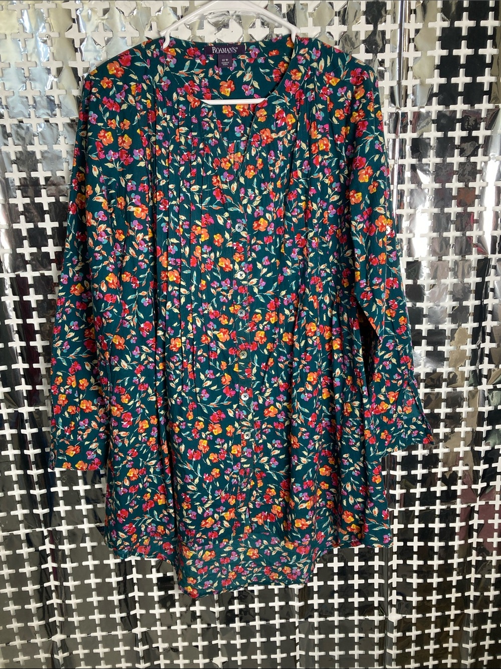 Roaman's Teal Floral Tunic with Pink & Orange Blossoms